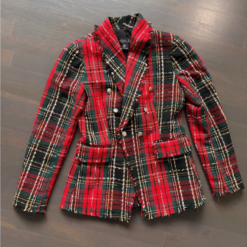 Rachel Zoe Tweed Plaid Red Black Jacket size small